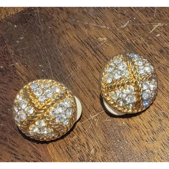 Vintage Swarovski Goldtone Clip On Crystal Earrings Cross Rope Twist Dome Swan - Picture 2 of 7